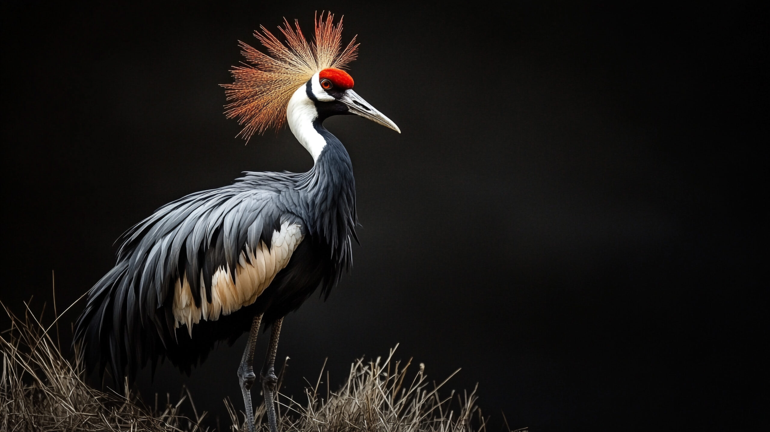 Portrait Grey crowned crane isolate on black background